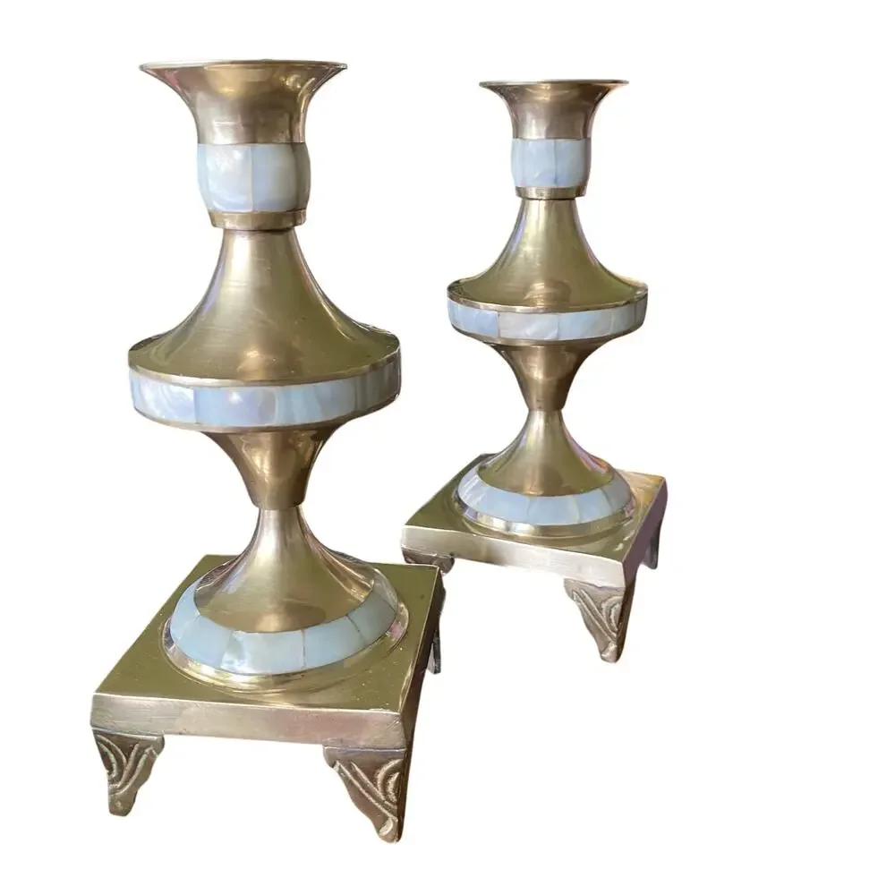 Set of TWO Heavy Brass Candlestick Holders Adorned with Mother of Pearl Shells